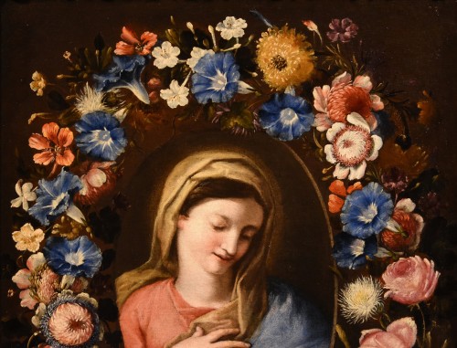 Guirlande de fleurs avec un portrait de la Vierge, École italienne du 17e siècle - Louis XIV