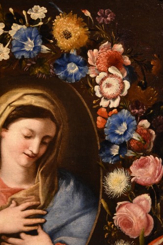 Louis XIV - Guirlande de fleurs avec un portrait de la Vierge, École italienne du 17e siècle