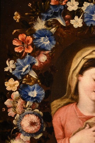 Antiquités - Guirlande de fleurs avec un portrait de la Vierge, École italienne du 17e siècle