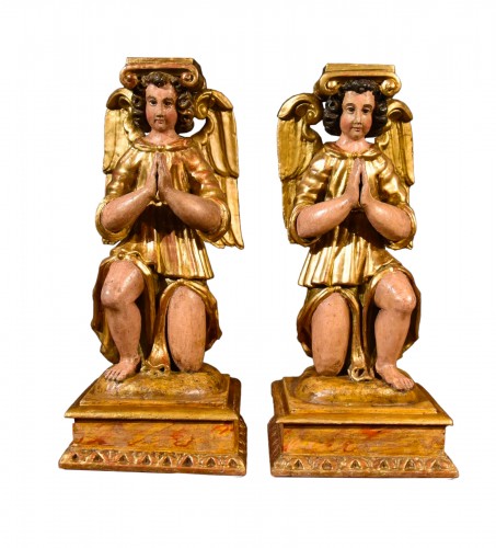 Pair Of Winged Angels In Wood, Tuscany 17th Century