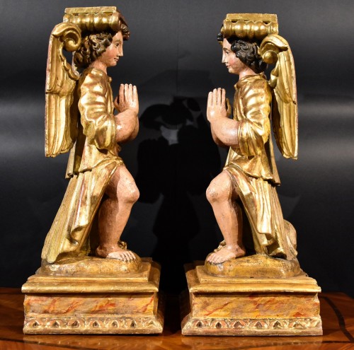 Louis XIII - Pair Of Winged Angels In Wood, Tuscany 17th Century