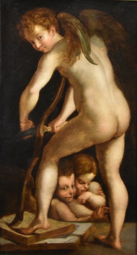 Cupid Carving His Bow, Francesco Mazzola, follower of Parmigianino - Paintings & Drawings Style Louis XV