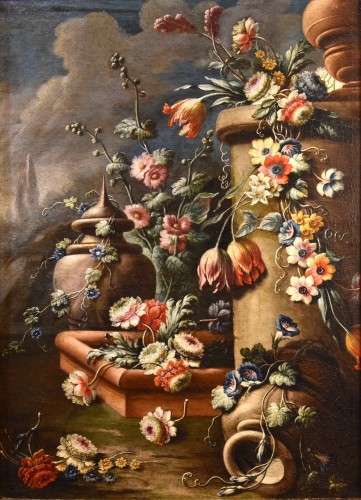 Nature morte avec compositions florales dans un jardin, Francesco Lavagna (1684 - 1724) - Tableaux et dessins Style Louis XIV