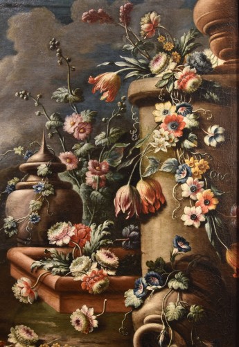 Tableaux et dessins Tableaux XVIIe siècle - Nature morte avec compositions florales dans un jardin, Francesco Lavagna (1684 - 1724)