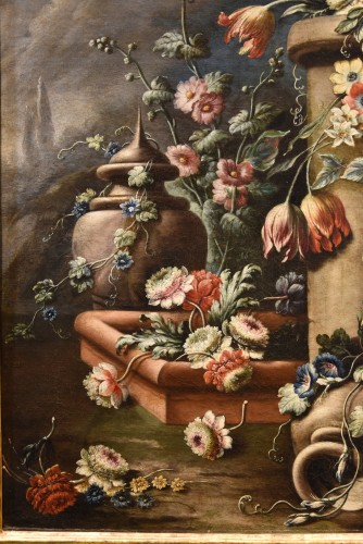 XVIIe siècle - Nature morte avec compositions florales dans un jardin, Francesco Lavagna (1684 - 1724)