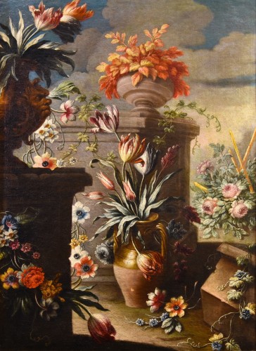 Nature morte aux fleurs dans un jardin, Francesco Lavagna (1684 - 1724), - Tableaux et dessins Style Louis XIV