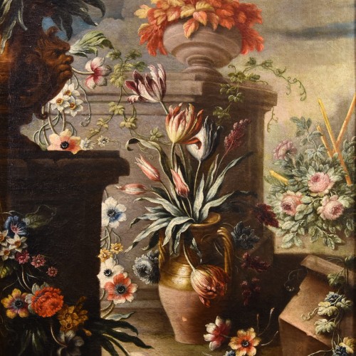 Tableaux et dessins Tableaux XVIIe siècle - Nature morte aux fleurs dans un jardin, Francesco Lavagna (1684 - 1724),