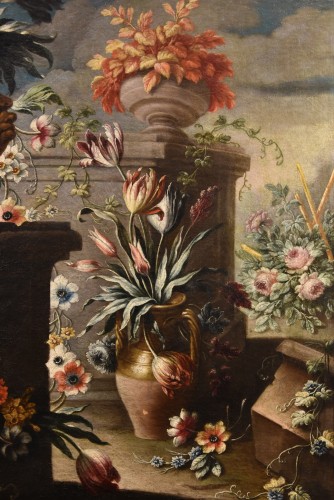 Nature morte aux fleurs dans un jardin, Francesco Lavagna (1684 - 1724), - Antichità Castelbarco