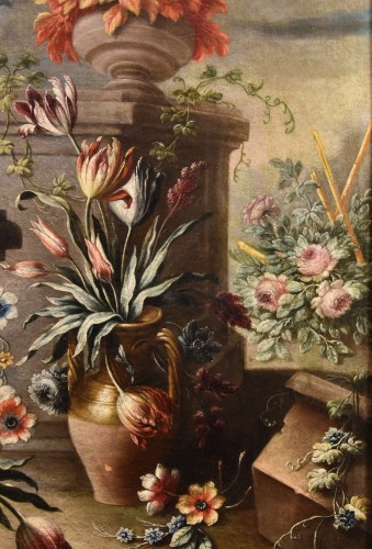 XVIIe siècle - Nature morte aux fleurs dans un jardin, Francesco Lavagna (1684 - 1724),