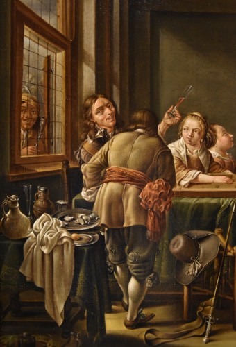 Tableaux et dessins Tableaux XVIIe siècle - Joyeuse compagnie dans un intérieur, école hollandaise du 17e siècle