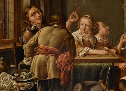 Louis XIII - Joyeuse compagnie dans un intérieur, école hollandaise du 17e siècle