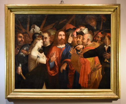 Le Christ et la femme adultère, atelier de Lorenzo Lotto (1480 - 1556) - Tableaux et dessins Style Louis XIII