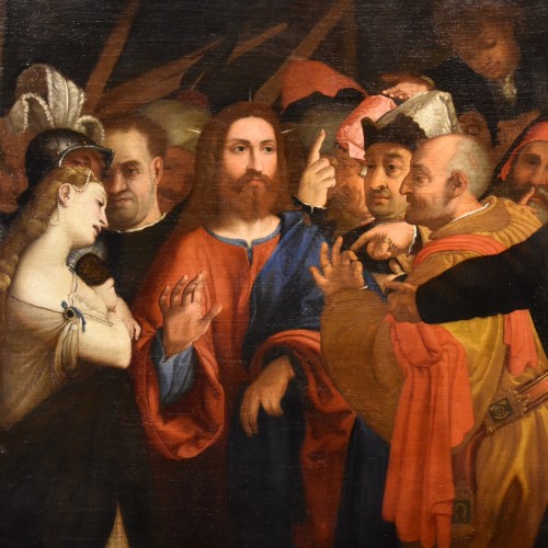 Tableaux et dessins Tableaux XVIe siècle - Le Christ et la femme adultère, atelier de Lorenzo Lotto (1480 - 1556)