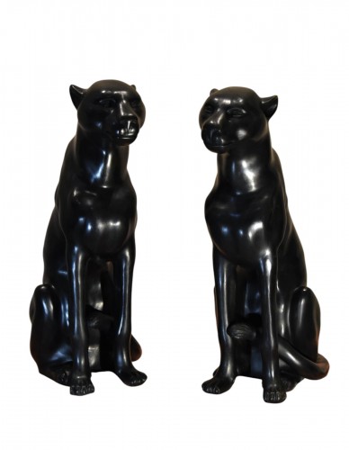 Large Black Panthers In Bronze (y. Mongnez), France 20th Century