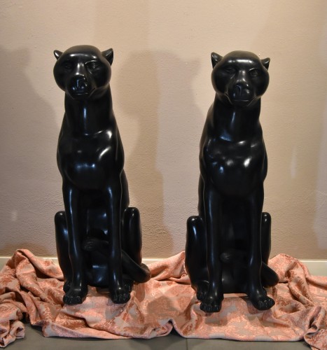 Large Black Panthers In Bronze (y. Mongnez), France 20th Century - Sculpture Style Art Déco