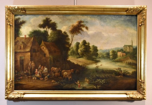 Théobald Michou (1676 – 1765), Paysage fluvial avec village - Tableaux et dessins Style Louis XIV