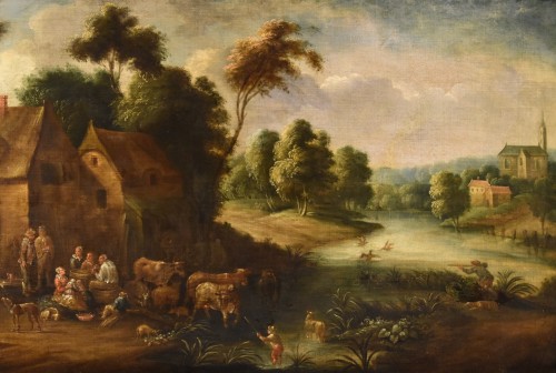 Tableaux et dessins Tableaux XVIIe siècle - Théobald Michou (1676 – 1765), Paysage fluvial avec village