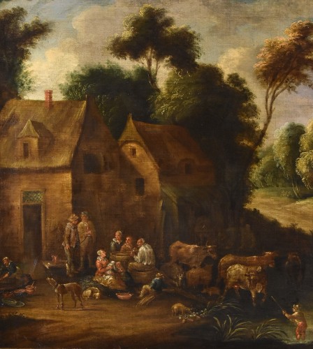 Théobald Michou (1676 – 1765), Paysage fluvial avec village - Antichità Castelbarco