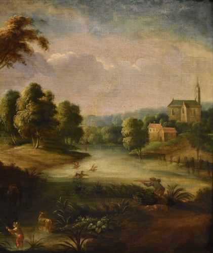 XVIIe siècle - Théobald Michou (1676 – 1765), Paysage fluvial avec village
