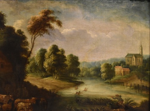 Théobald Michou (1676 – 1765), Paysage fluvial avec village - Louis XIV