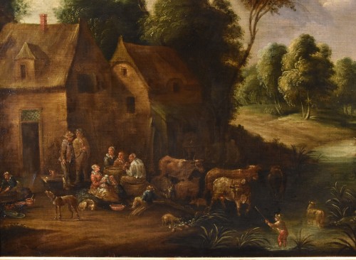 Antiquités - Théobald Michou (1676 – 1765), Paysage fluvial avec village