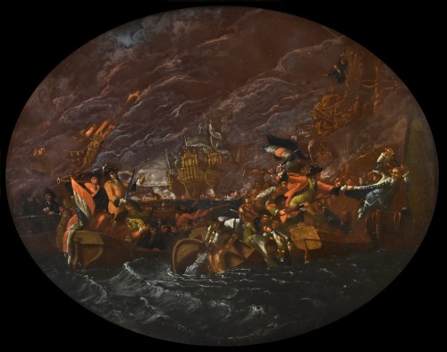  Scène de bataille navale nocturne, Ilario Mercanti « Lo Spolverini » (1657 - 1734)  - Tableaux et dessins Style Louis XIV