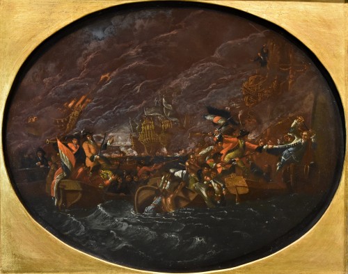 Tableaux et dessins Tableaux XVIIe siècle -  Scène de bataille navale nocturne, Ilario Mercanti « Lo Spolverini » (1657 - 1734) 