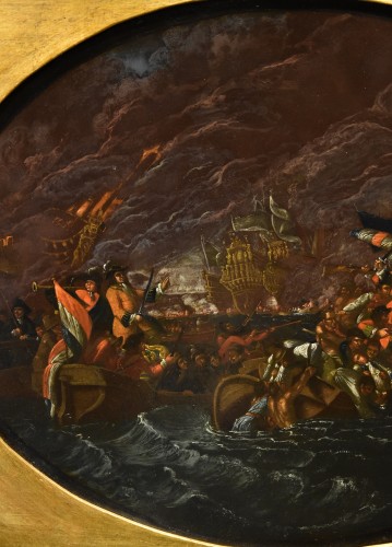XVIIe siècle -  Scène de bataille navale nocturne, Ilario Mercanti « Lo Spolverini » (1657 - 1734) 