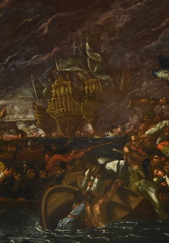 Antiquités -  Scène de bataille navale nocturne, Ilario Mercanti « Lo Spolverini » (1657 - 1734) 