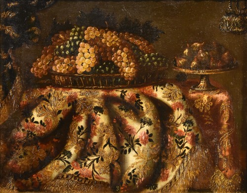 Still Life With Carpet, Basket Of Grapes And Figs, Antonio Gianlisi II (1677 - 1727) - Paintings & Drawings Style Louis XIV