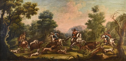 Christian Reder (1656 - 1729), Landscape With Boar Hunting - Paintings & Drawings Style Louis XIV