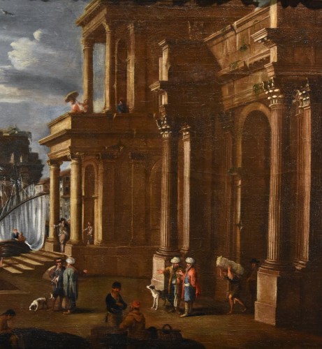 Antiquités - Fantastic View With Port And Architectural Capriccio, Alessandro Salucci 