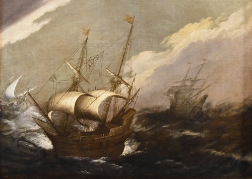 Stormy Seascape With Ships, Flanders 17th century