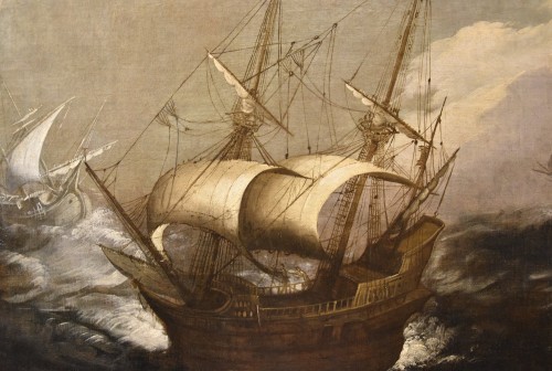 Louis XIII - Stormy Seascape With Ships, Flanders 17th century