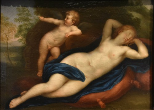 Vénus endormie avec Cupidon, Atelier de Marcantonio Franceschini (1648 - 1729) - Tableaux et dessins Style Louis XIII