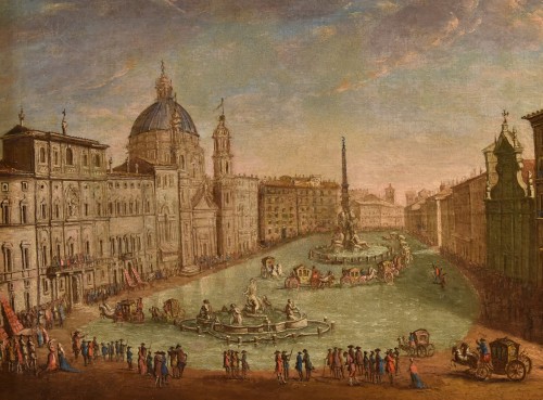 Vue de Rome avec la Piazza Navona, Italie 18e siècle - Tableaux et dessins Style Louis XV