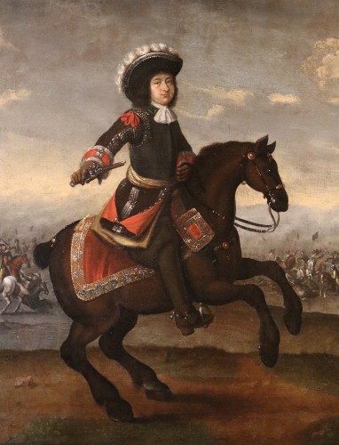 Paintings & Drawings  - Equestrian Portrait With Battle Scene, Flemish school of the 17th century