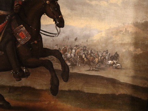 17th century - Equestrian Portrait With Battle Scene, Flemish school of the 17th century