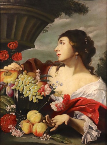 Femme avec des fleurs et des fruits, atelier d'Abraham Brueghel (1631 - 1690)
