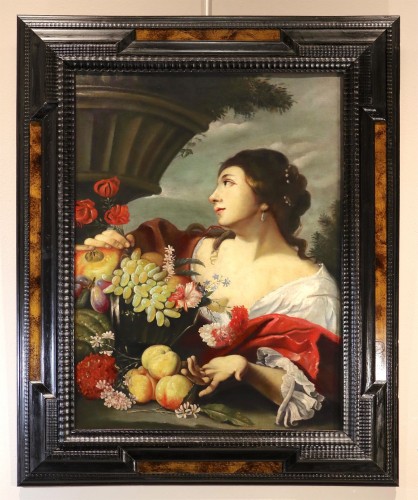 Femme avec des fleurs et des fruits, atelier d'Abraham Brueghel (1631 - 1690) - Tableaux et dessins Style Louis XIV