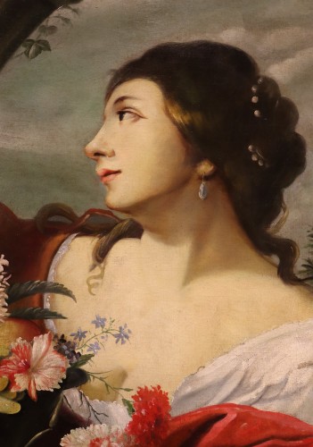 Femme avec des fleurs et des fruits, atelier d'Abraham Brueghel (1631 - 1690) - Antichità Castelbarco