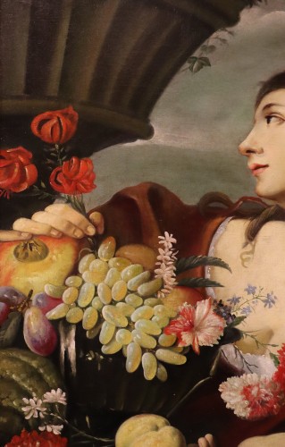 Femme avec des fleurs et des fruits, atelier d'Abraham Brueghel (1631 - 1690) - Louis XIV