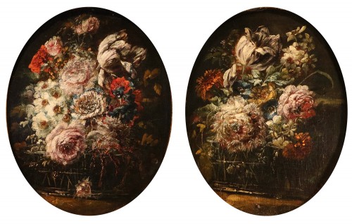 Paire de natures mortes de fleurs, atelier de Margherita Caffi (1647 – 1710) - Tableaux et dessins Style Louis XIV