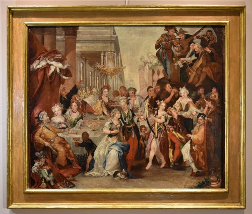 Le festin de Balthazar, Flandres 17e siècle - Tableaux et dessins Style Louis XIII