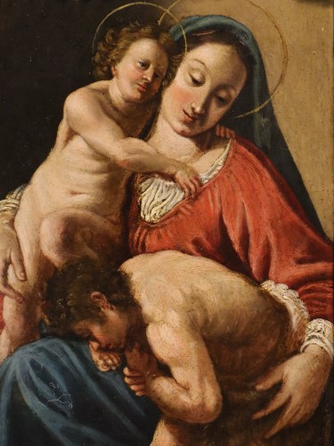Madone à l'Enfant et Saint Jean-Baptiste, école italienne fin du 17e siècle - Tableaux et dessins Style Louis XIV