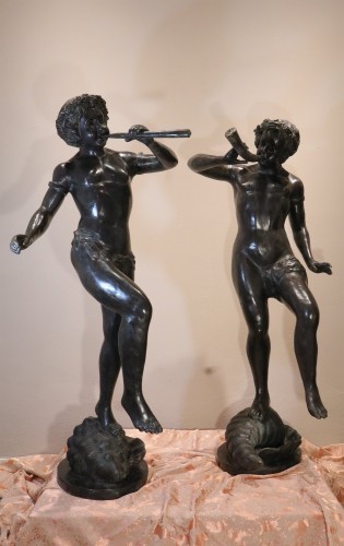 Pair Of Dancing Satyrs In Bronze, Edouard Drouot (1859 – 1945) In Style  - Sculpture Style Restauration - Charles X