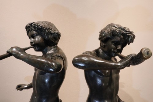 Restauration - Charles X - Pair Of Dancing Satyrs In Bronze, Edouard Drouot (1859 – 1945) In Style 