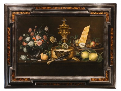 Peintre flamand XVIIIe siècle, Nature morte avec des fleurs et fruits