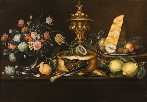 Peintre flamand XVIIIe siècle, Nature morte avec des fleurs et fruits - Tableaux et dessins Style Louis XV