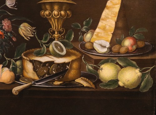 Peintre flamand XVIIIe siècle, Nature morte avec des fleurs et fruits - Louis XV